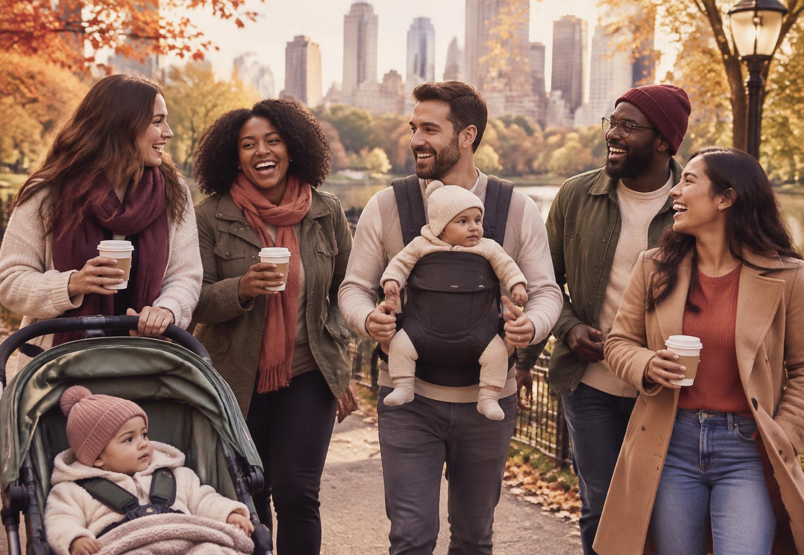Des parents discutent et rient ensemble dans un parc